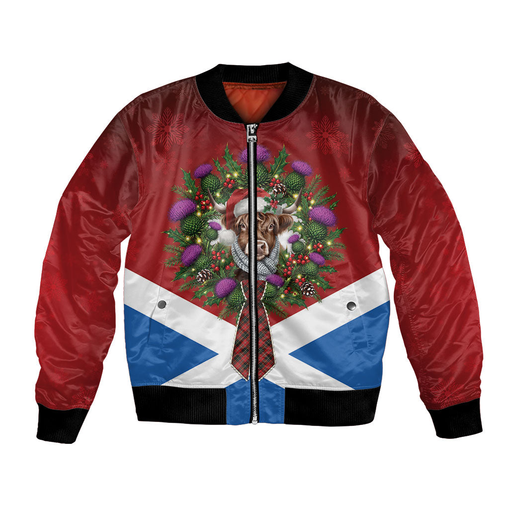Highland Cow Christmas Scotland Bomber Jacket Scottish Thistle Wreath Bow Saltire Flag