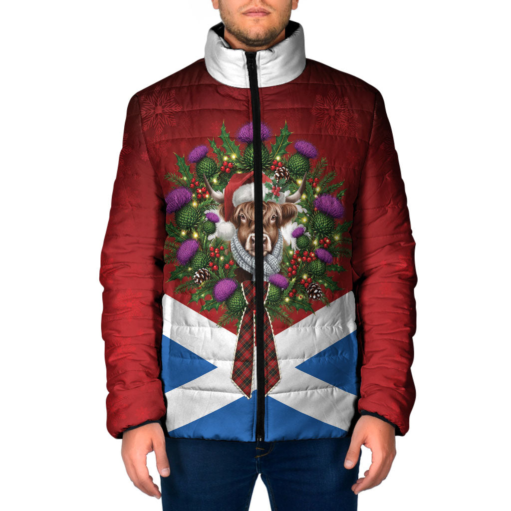 Highland Cow Christmas Scotland Padded Jacket Scottish Thistle Wreath Bow Saltire Flag