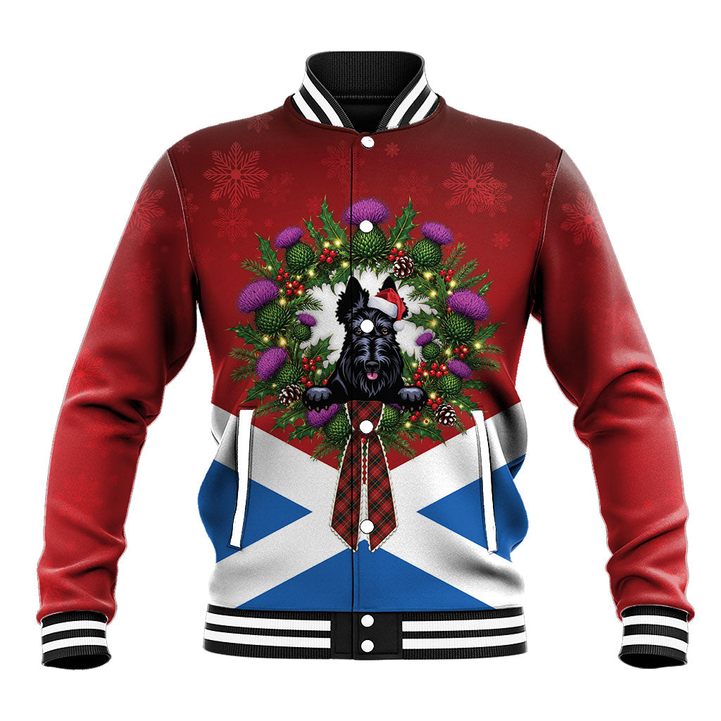 Scottie Christmas Scotland Baseball Jacket Scottish Thistle Wreath Bow Saltire Flag