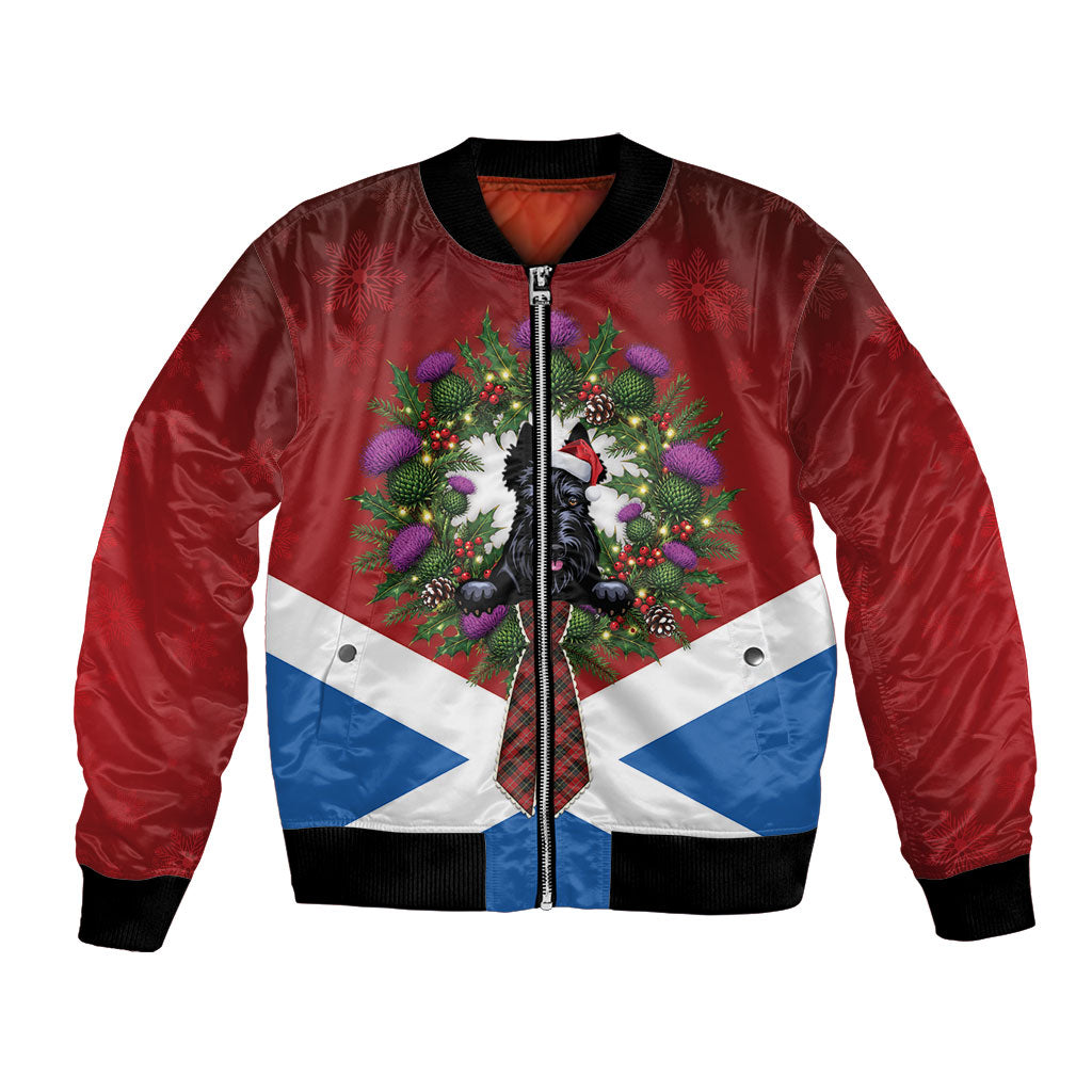 Scottie Christmas Scotland Bomber Jacket Scottish Thistle Wreath Bow Saltire Flag