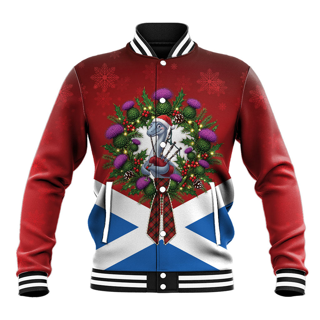 Loch Ness Monster Christmas Scotland Baseball Jacket Scottish Thistle Wreath Bow Saltire Flag