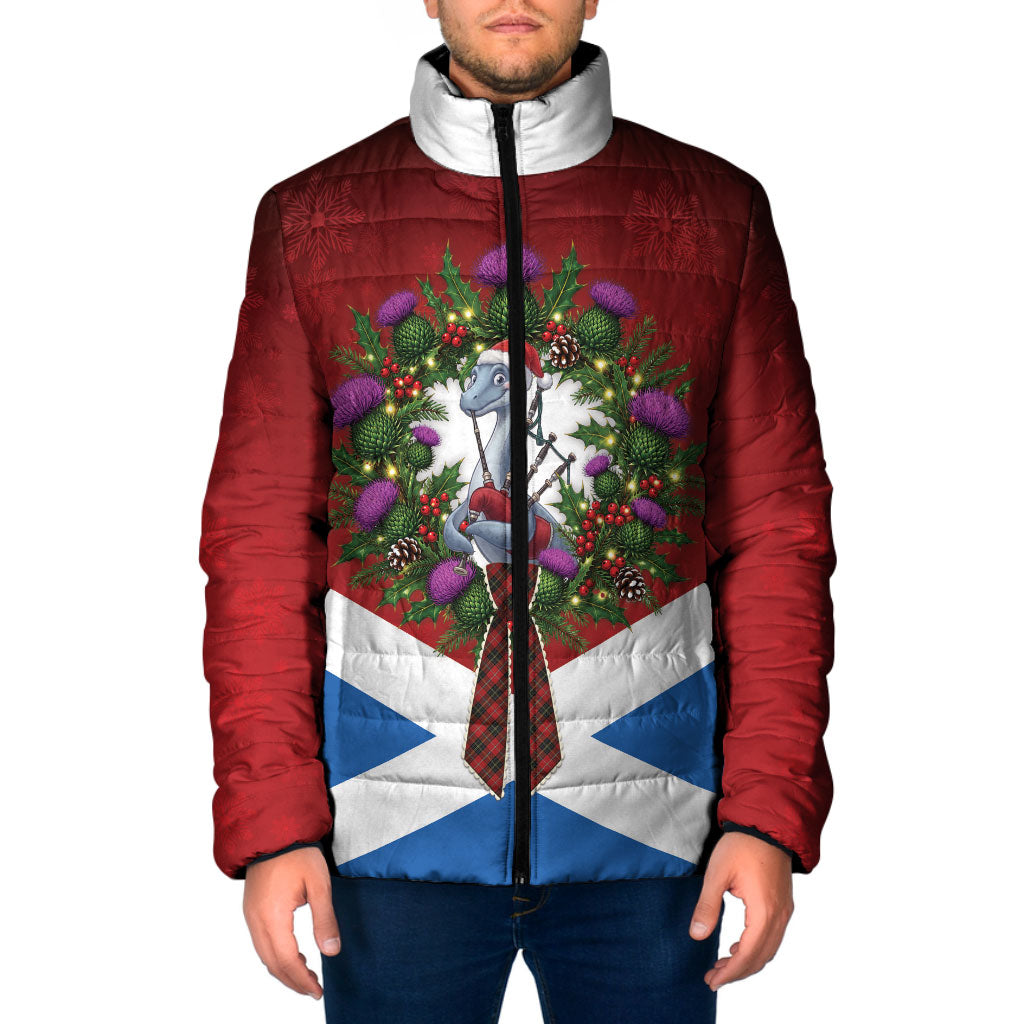 Loch Ness Monster Christmas Scotland Padded Jacket Scottish Thistle Wreath Bow Saltire Flag