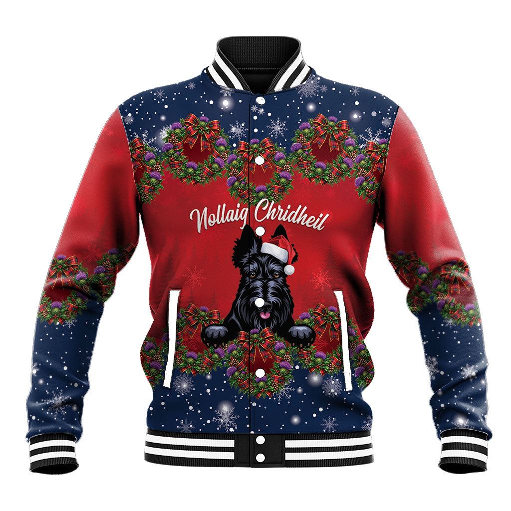 Scottish Terrier Christmas Personalised Baseball Jacket Thistle Wreath Bow Nollaig Chridheil