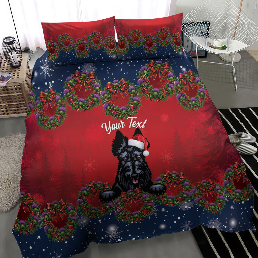 Scottish Terrier Christmas Personalised Bedding Set Thistle Wreath Bow Nollaig Chridheil