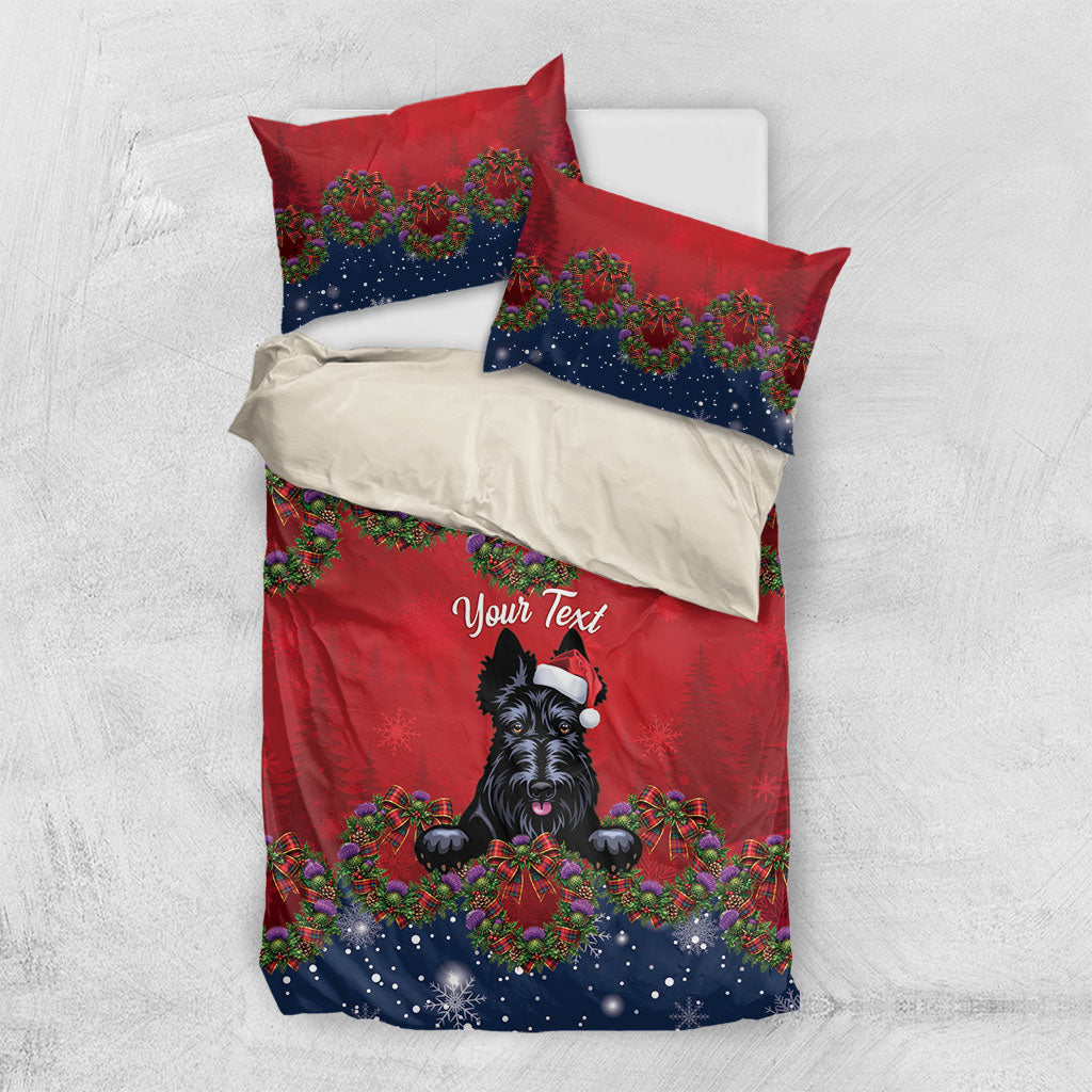 Scottish Terrier Christmas Personalised Bedding Set Thistle Wreath Bow Nollaig Chridheil