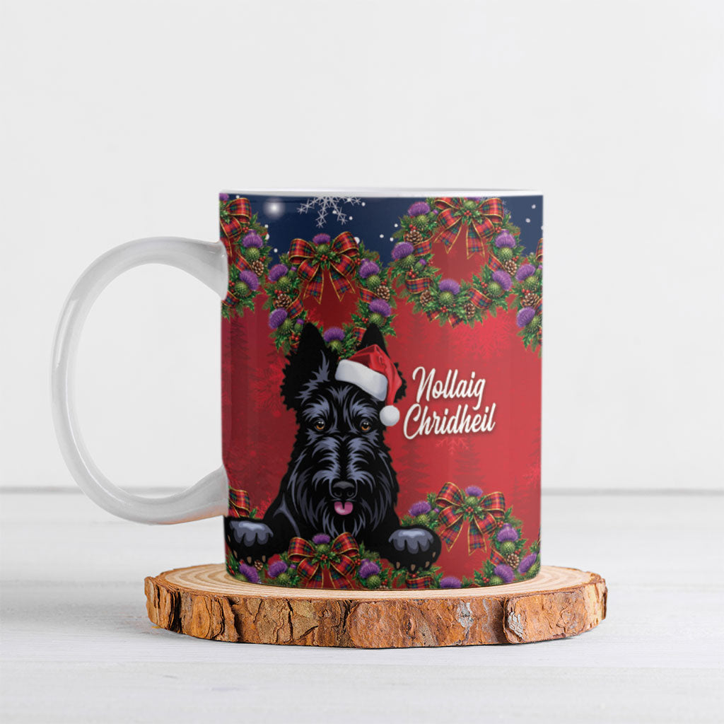 Scottish Terrier Christmas Personalised Ceramic Mug Thistle Wreath Bow Nollaig Chridheil