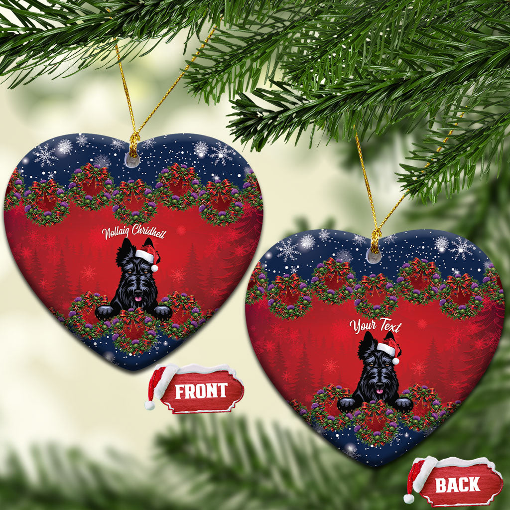 Scottish Terrier Christmas Personalised Ceramic Ornament Thistle Wreath Bow Nollaig Chridheil