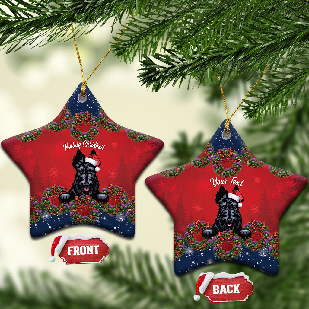 Scottish Terrier Christmas Personalised Ceramic Ornament Thistle Wreath Bow Nollaig Chridheil