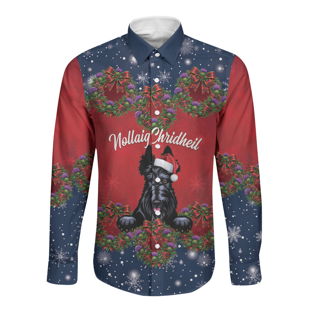 Scottish Terrier Christmas Personalised Long Sleeve Button Shirt Thistle Wreath Bow Nollaig Chridheil