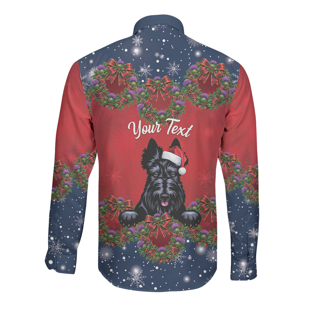 Scottish Terrier Christmas Personalised Long Sleeve Button Shirt Thistle Wreath Bow Nollaig Chridheil