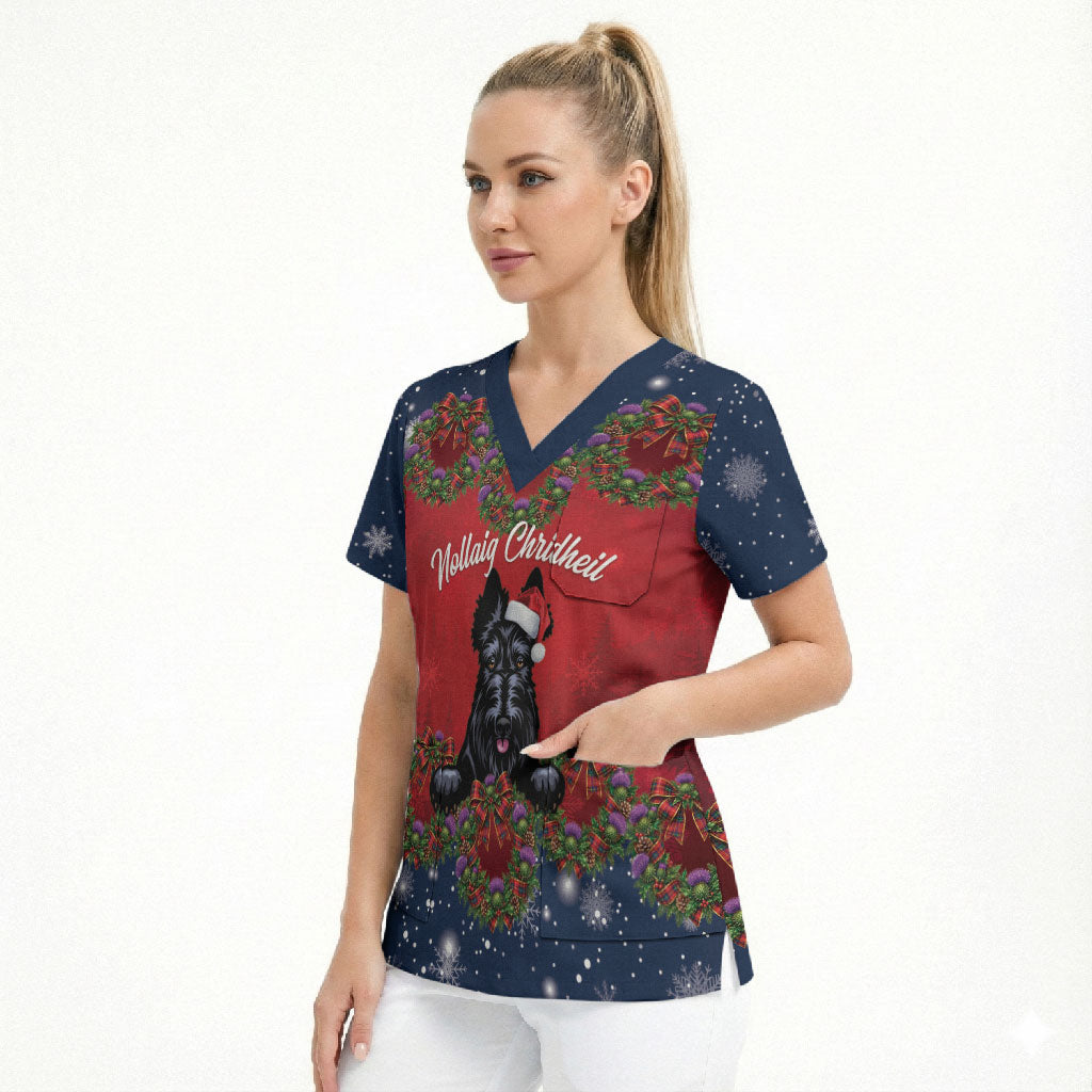 Scottish Terrier Christmas Personalised Scrub Top Thistle Wreath Bow Nollaig Chridheil