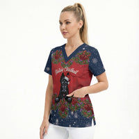 Scottish Terrier Christmas Personalised Scrub Top Thistle Wreath Bow Nollaig Chridheil