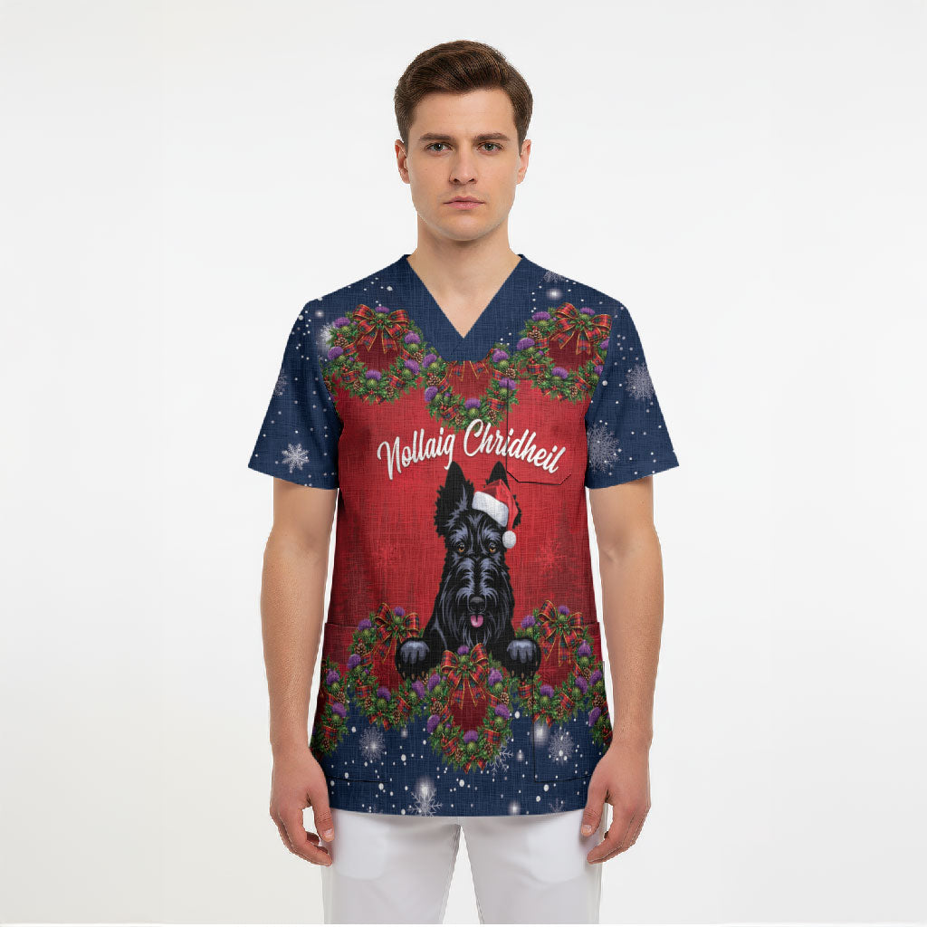 Scottish Terrier Christmas Personalised Scrub Top Thistle Wreath Bow Nollaig Chridheil