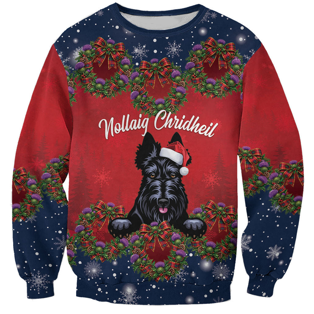 Scottish Terrier Christmas Personalised Sweatshirt Thistle Wreath Bow Nollaig Chridheil