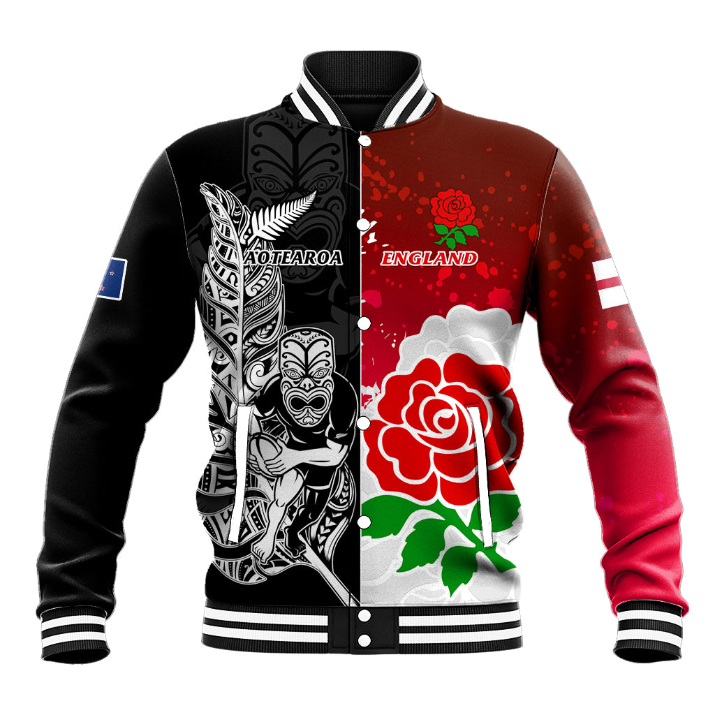 Black and red rugby baseball jacket with England rose graphic, snap buttons, ribbed cuffs