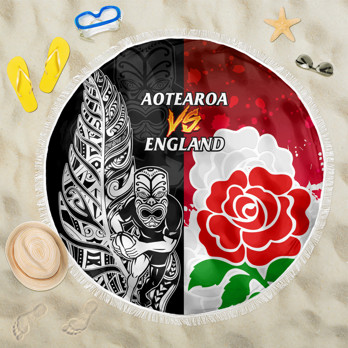 New Zealand And England Rugby Beach Blanket 2023 World Cup All Black Combine Red Roses - Wonder Print Shop