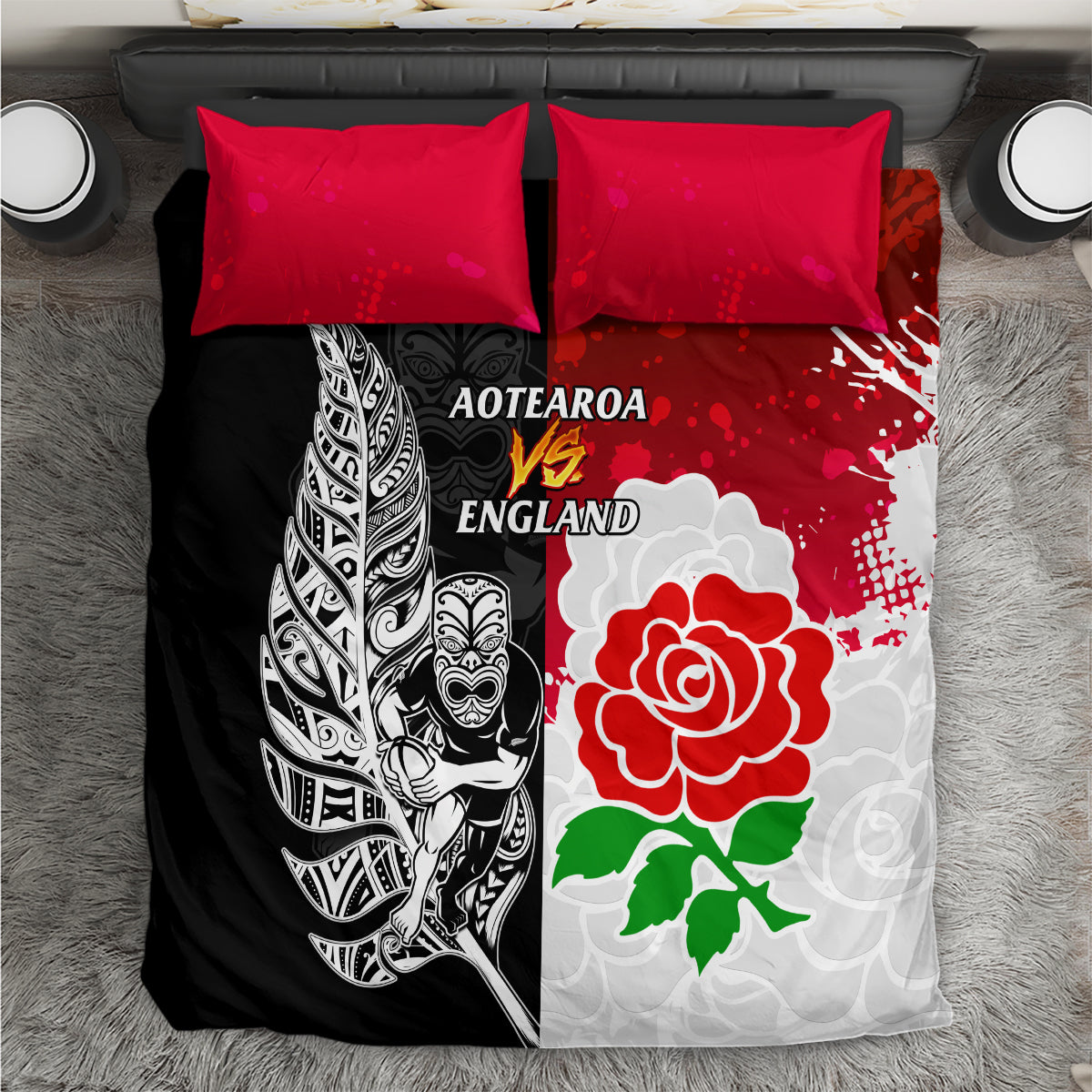 New Zealand And England Rugby Bedding Set 2023 World Cup All Black Combine Red Roses - Wonder Print Shop