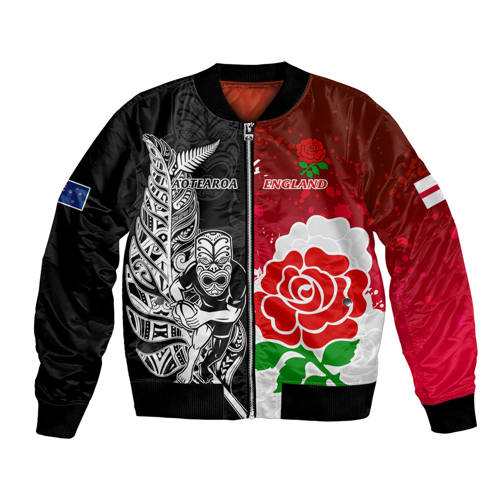 Unisex black and red bomber jacket with front zip, rose and tribal graphics, sleeve patch