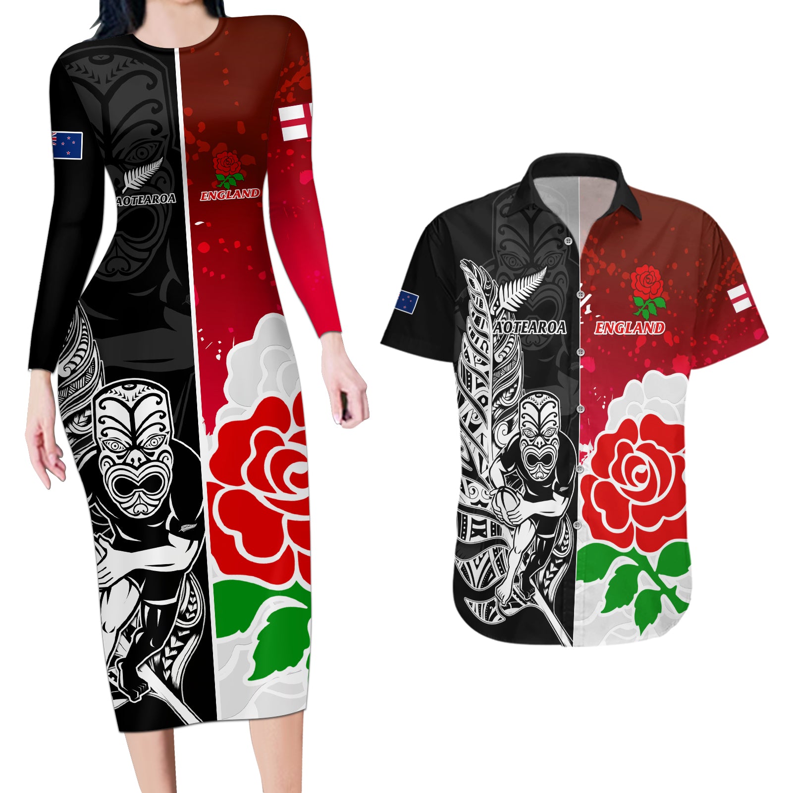 New Zealand And England Rugby Couples Matching Long Sleeve Bodycon Dress and Hawaiian Shirt 2023 World Cup All Black Combine Red Roses - Wonder Print Shop