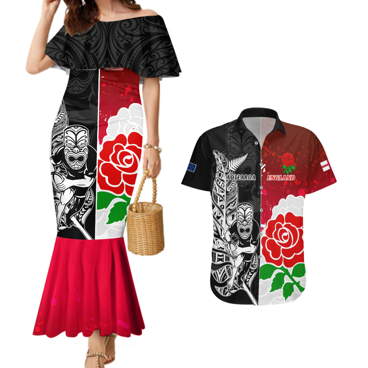 New Zealand And England Rugby Couples Matching Mermaid Dress and Hawaiian Shirt 2023 World Cup All Black Combine Red Roses - Wonder Print Shop