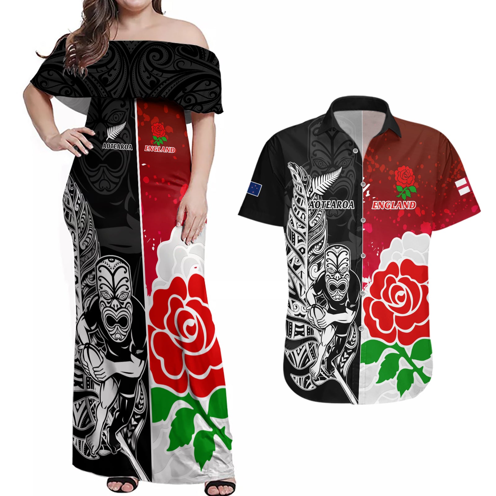 New Zealand And England Rugby Couples Matching Off Shoulder Maxi Dress and Hawaiian Shirt 2023 World Cup All Black Combine Red Roses - Wonder Print Shop