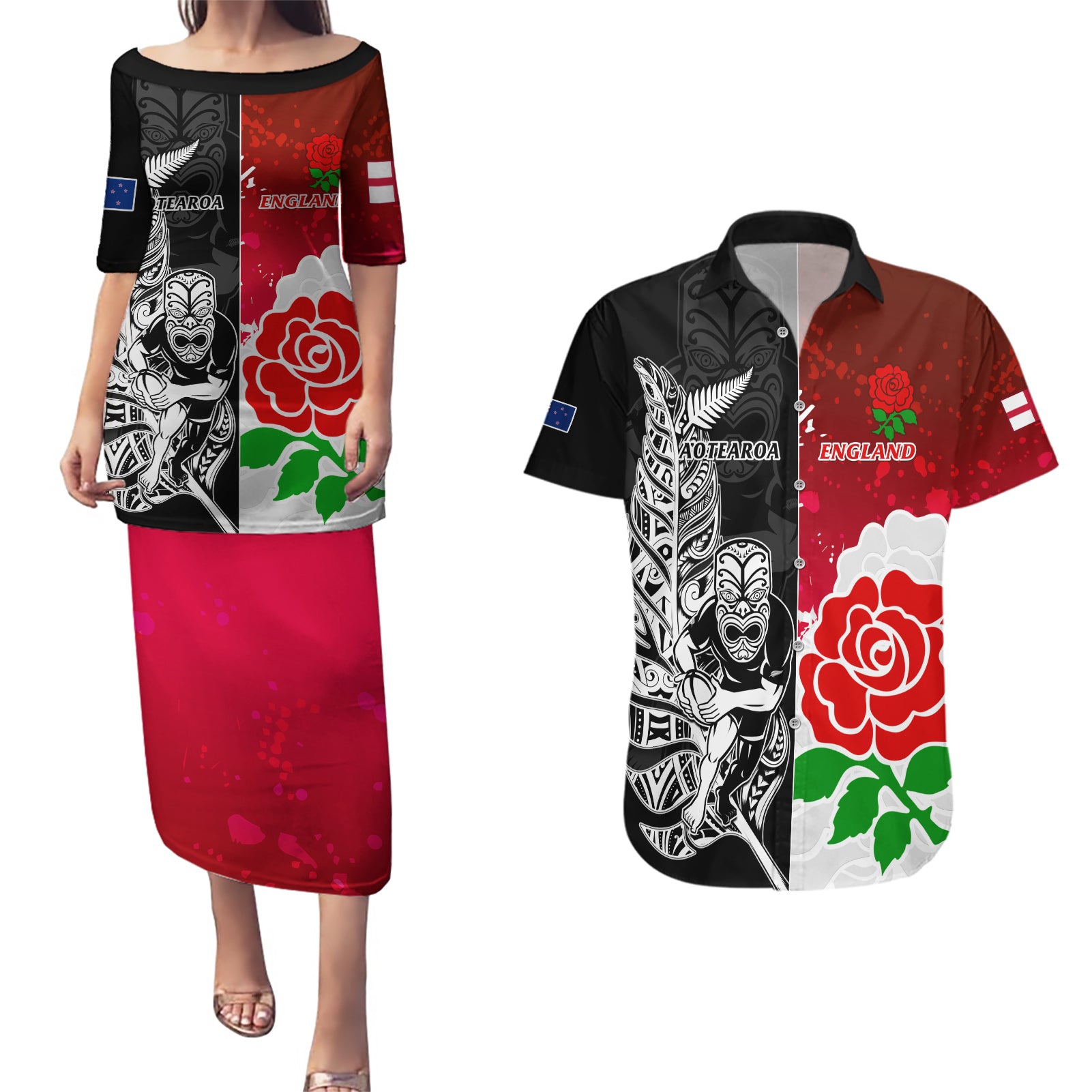 New Zealand And England Rugby Couples Matching Puletasi Dress and Hawaiian Shirt 2023 World Cup All Black Combine Red Roses - Wonder Print Shop