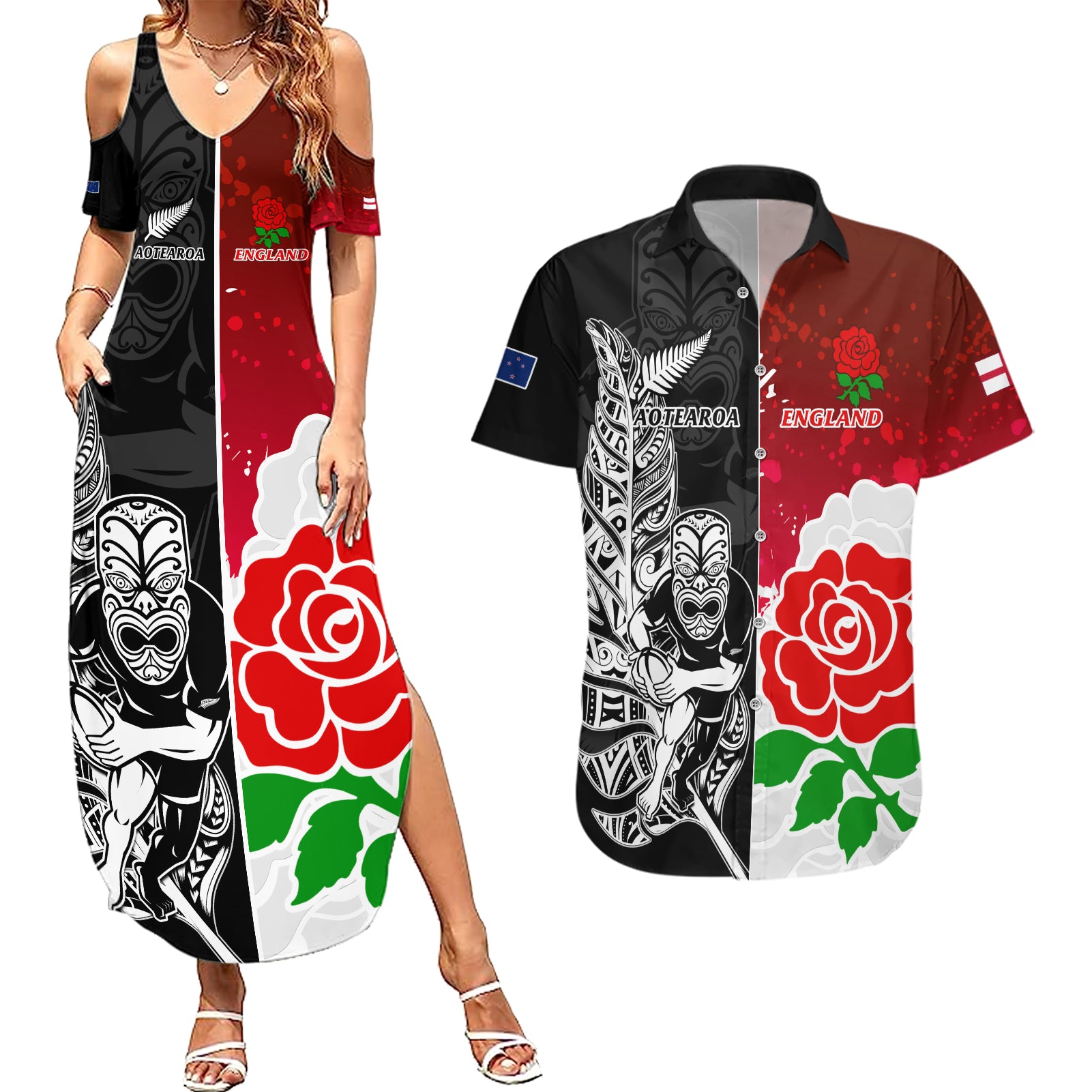 New Zealand And England Rugby Couples Matching Summer Maxi Dress and Hawaiian Shirt 2023 World Cup All Black Combine Red Roses - Wonder Print Shop