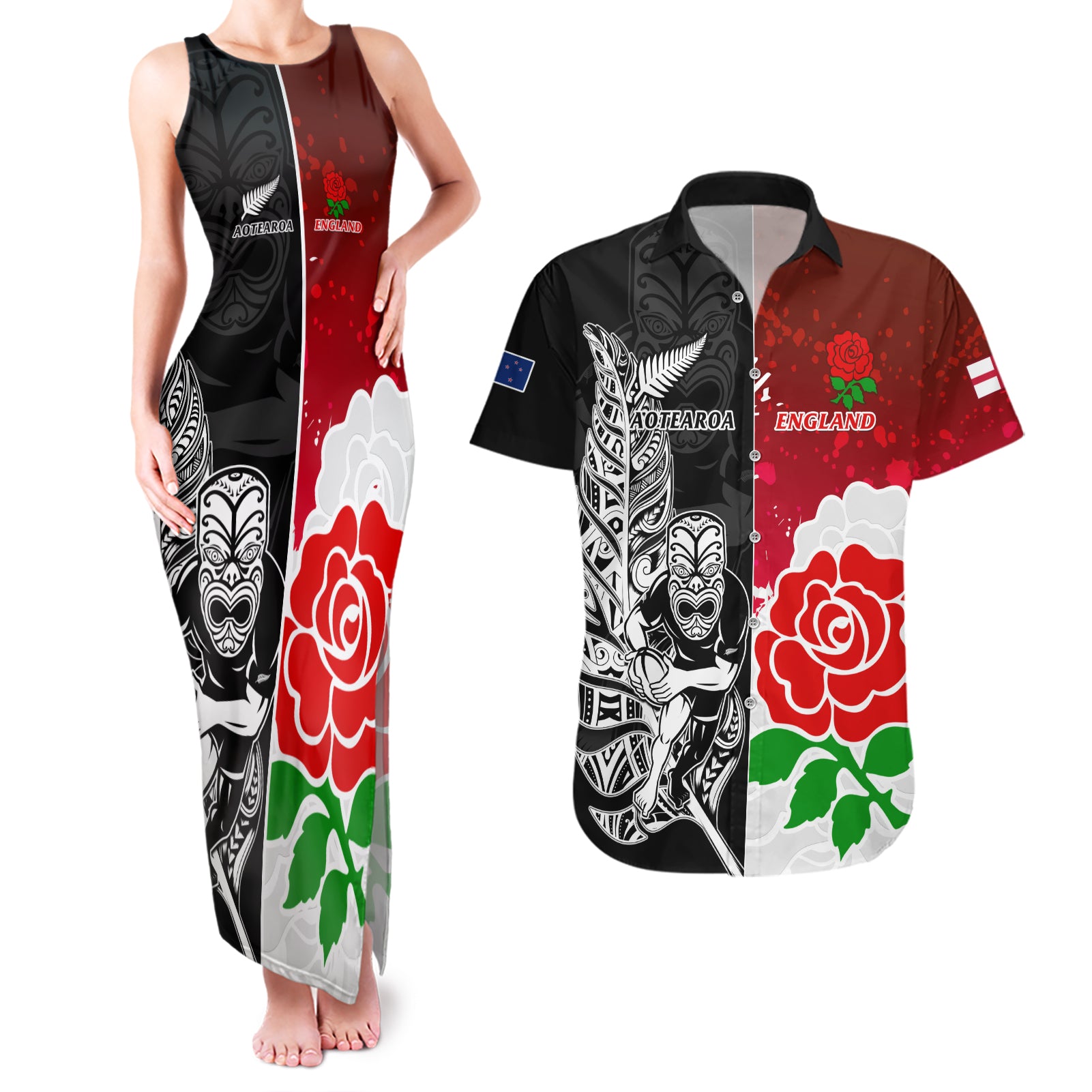 New Zealand And England Rugby Couples Matching Tank Maxi Dress and Hawaiian Shirt 2023 World Cup All Black Combine Red Roses - Wonder Print Shop