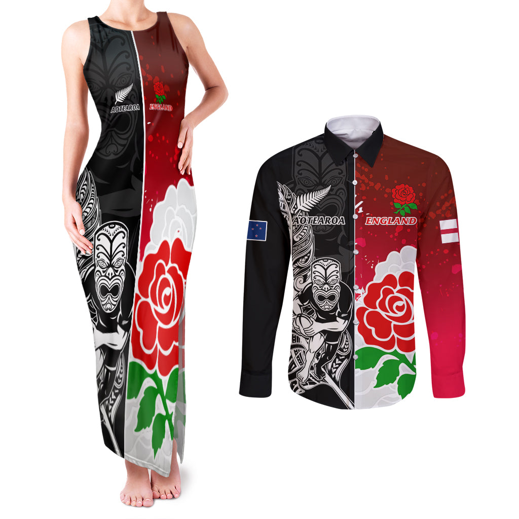 New Zealand And England Rugby Couples Matching Tank Maxi Dress and Long Sleeve Button Shirt 2023 World Cup All Black Combine Red Roses - Wonder Print Shop