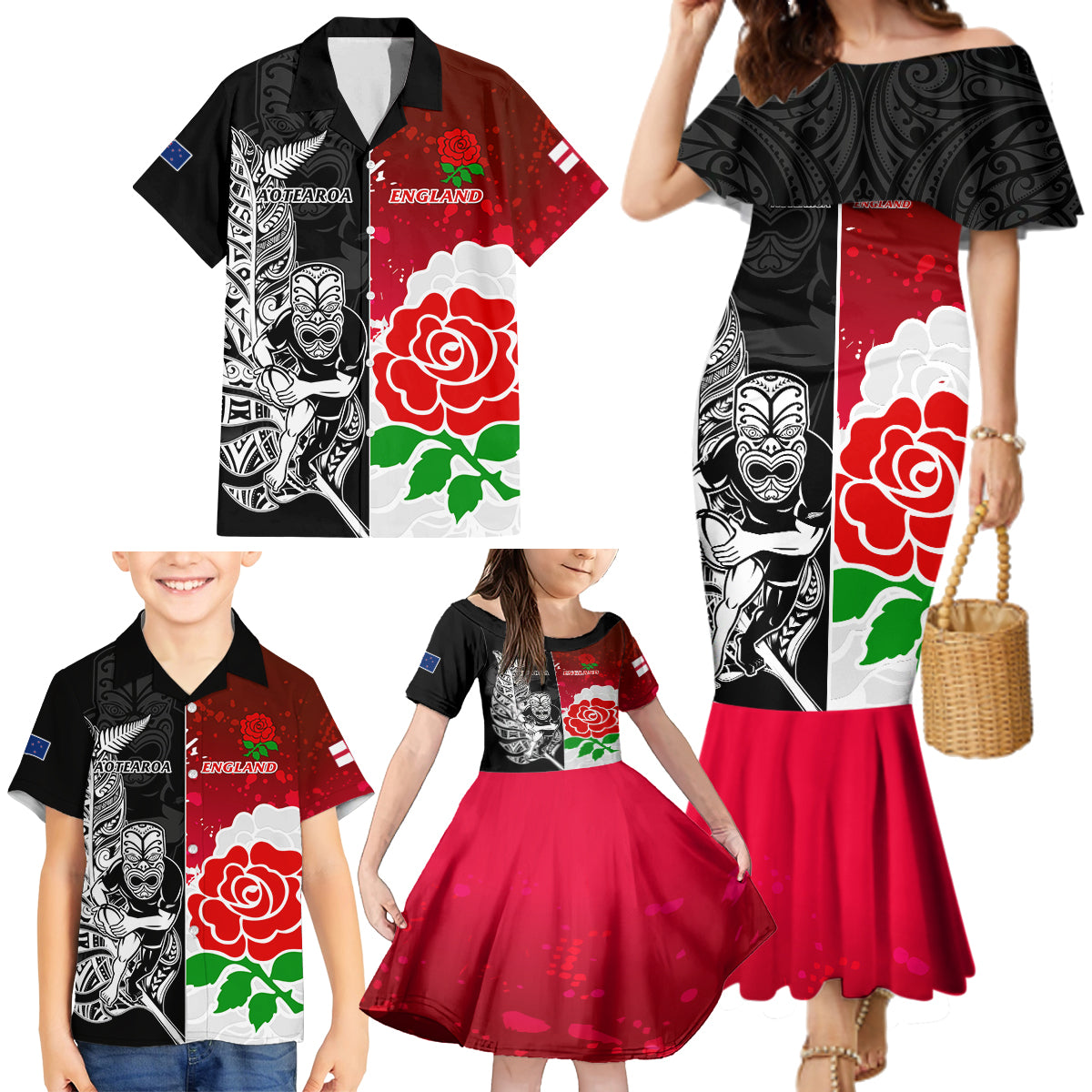 New Zealand And England Rugby Family Matching Mermaid Dress and Hawaiian Shirt 2023 World Cup All Black Combine Red Roses - Wonder Print Shop