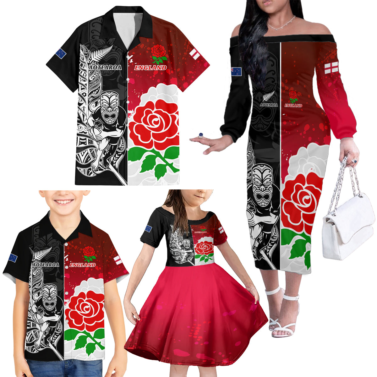 New Zealand And England Rugby Family Matching Off Shoulder Long Sleeve Dress and Hawaiian Shirt 2023 World Cup All Black Combine Red Roses - Wonder Print Shop