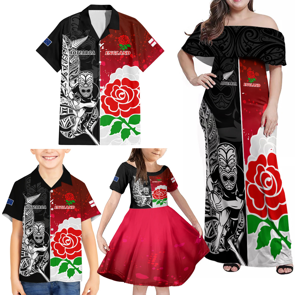 New Zealand And England Rugby Family Matching Off Shoulder Maxi Dress and Hawaiian Shirt 2023 World Cup All Black Combine Red Roses - Wonder Print Shop