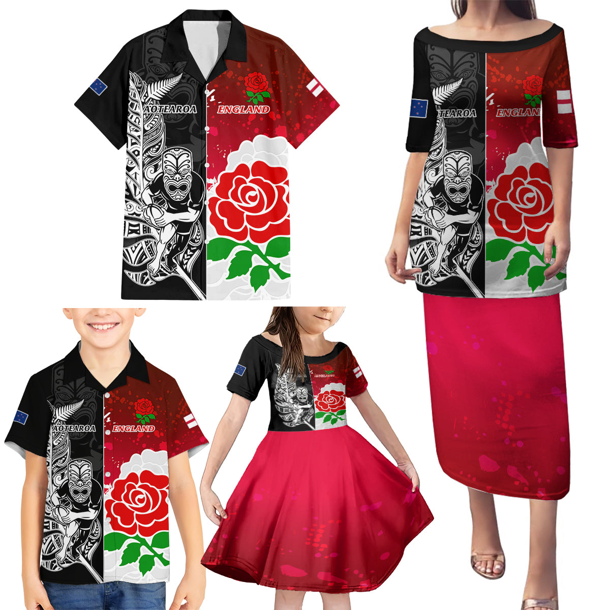 New Zealand And England Rugby Family Matching Puletasi Dress and Hawaiian Shirt 2023 World Cup All Black Combine Red Roses - Wonder Print Shop