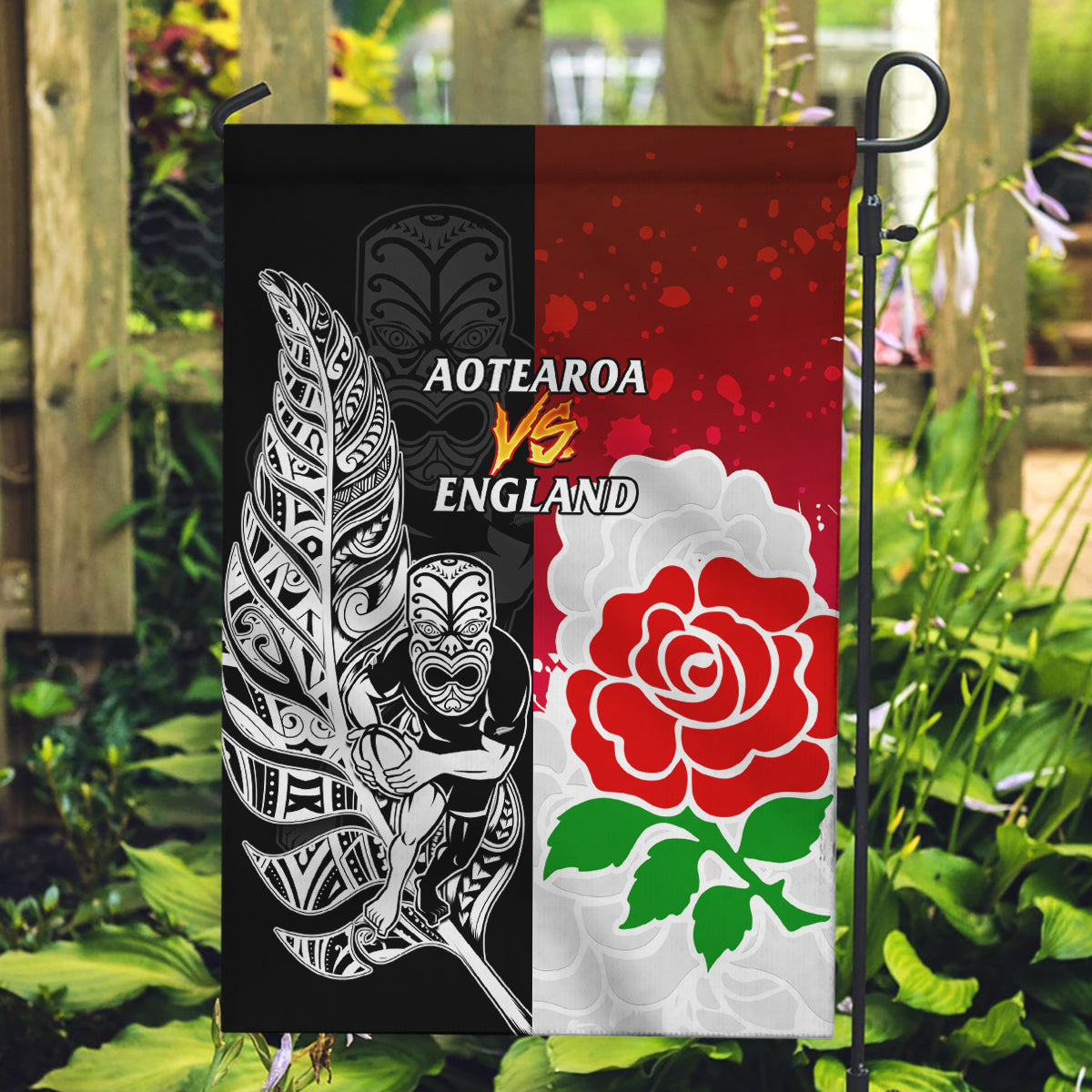 New Zealand And England Rugby Garden Flag 2023 World Cup All Black Combine Red Roses - Wonder Print Shop