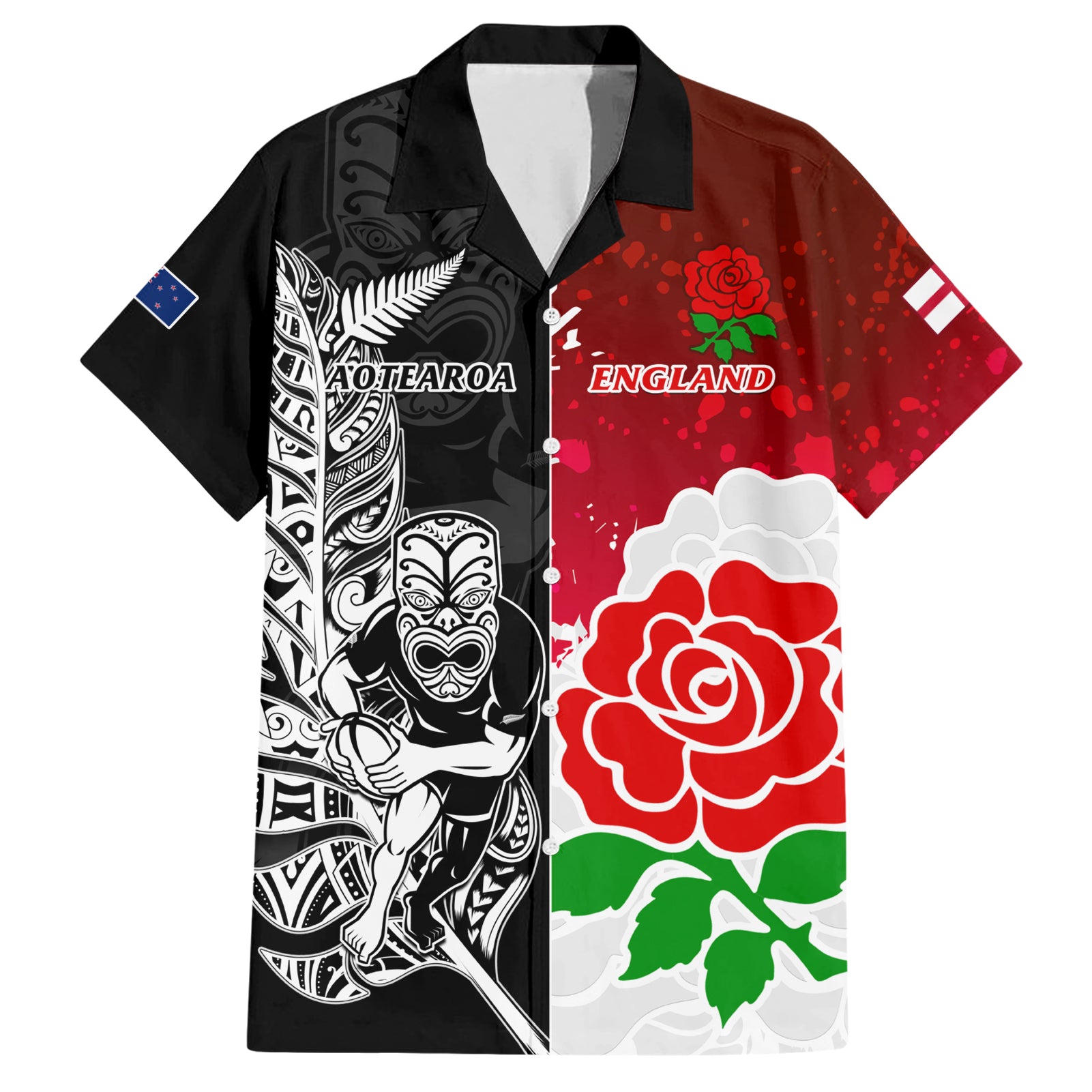 New Zealand And England Rugby Hawaiian Shirt 2023 World Cup All Black Combine Red Roses - Wonder Print Shop