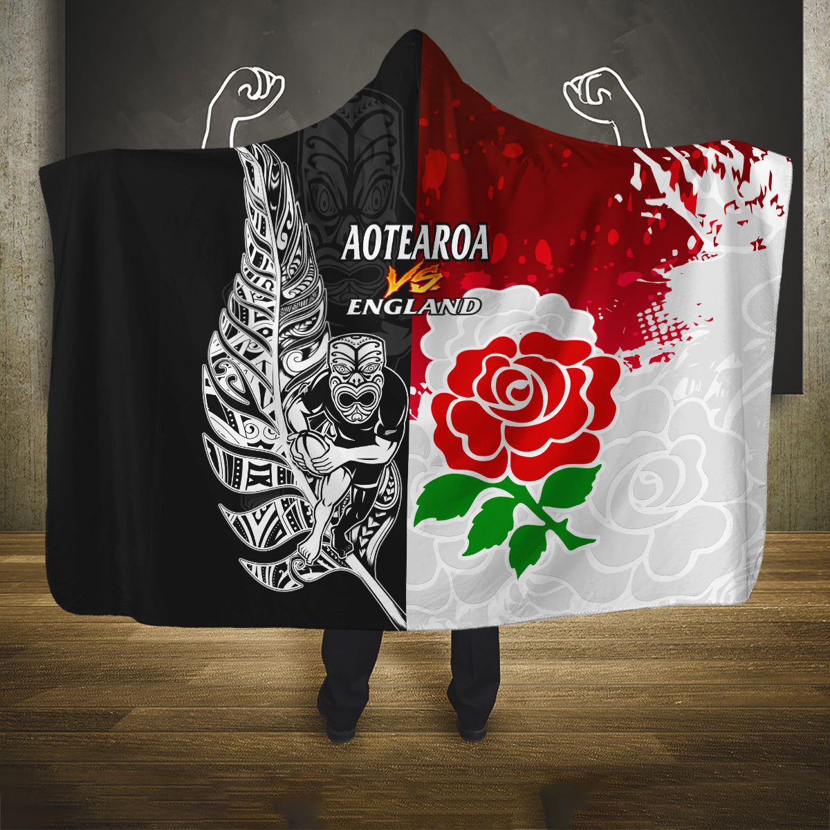 new-zealand-and-england-rugby-hooded-blanket-2023-world-cup-all-black-combine-red-roses