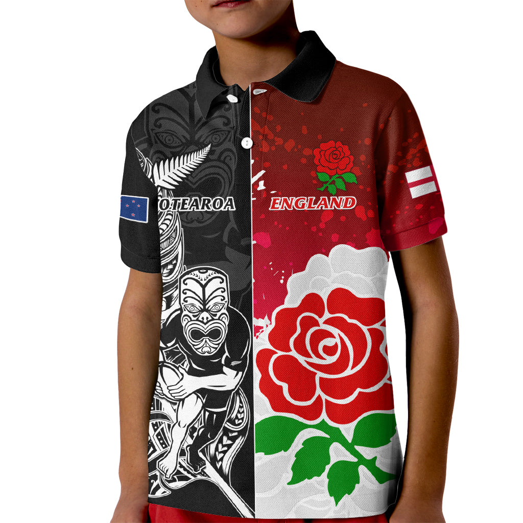 New Zealand And England Rugby Kid Polo Shirt 2023 World Cup All Black Combine Red Roses - Wonder Print Shop