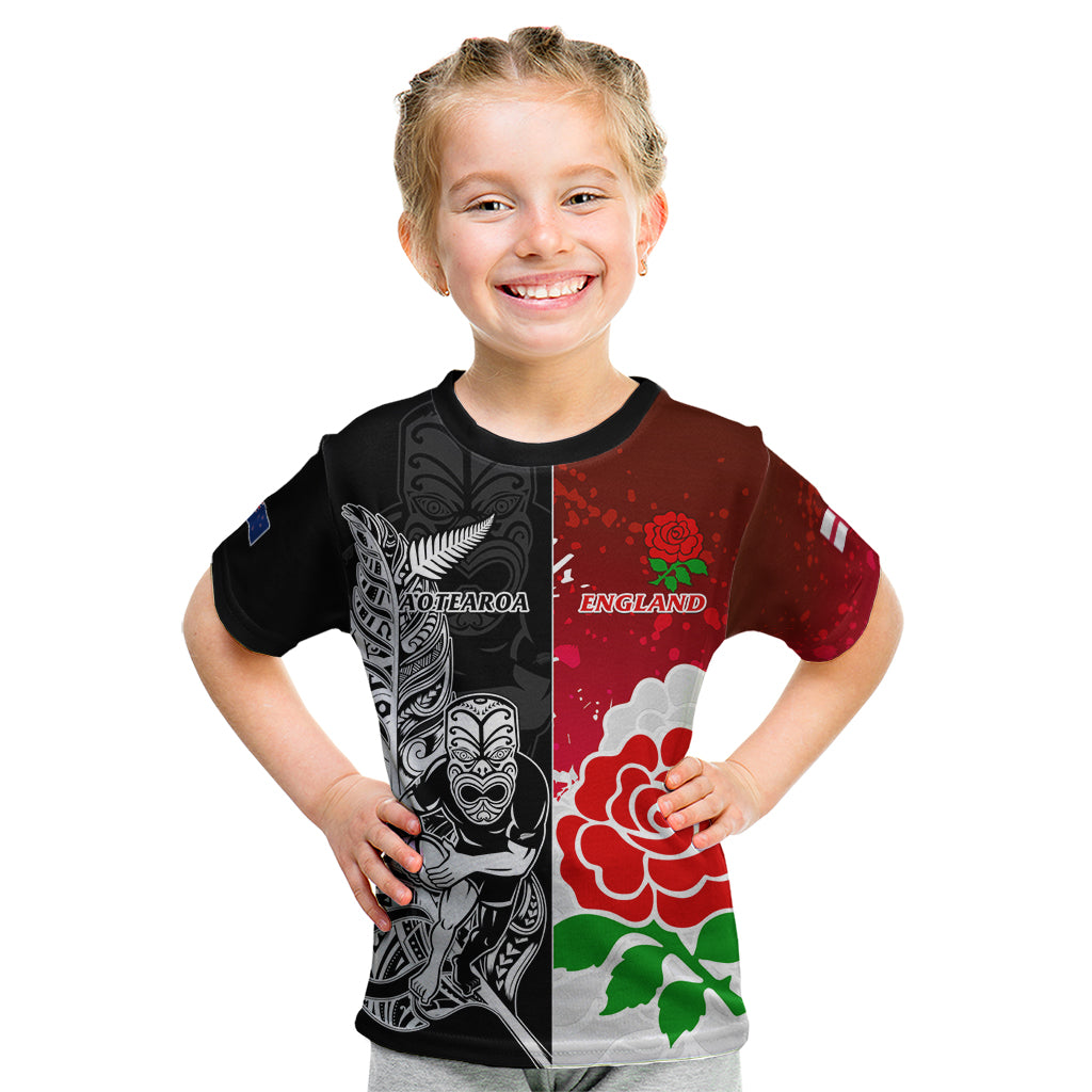 New Zealand And England Rugby Kid T Shirt 2023 World Cup All Black Combine Red Roses - Wonder Print Shop