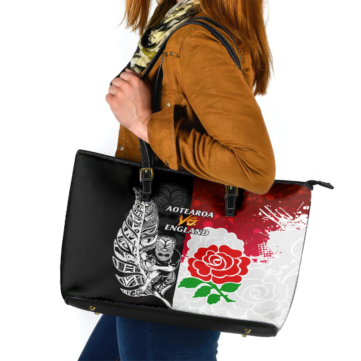 New Zealand And England Rugby Leather Tote Bag 2023 World Cup All Black Combine Red Roses - Wonder Print Shop