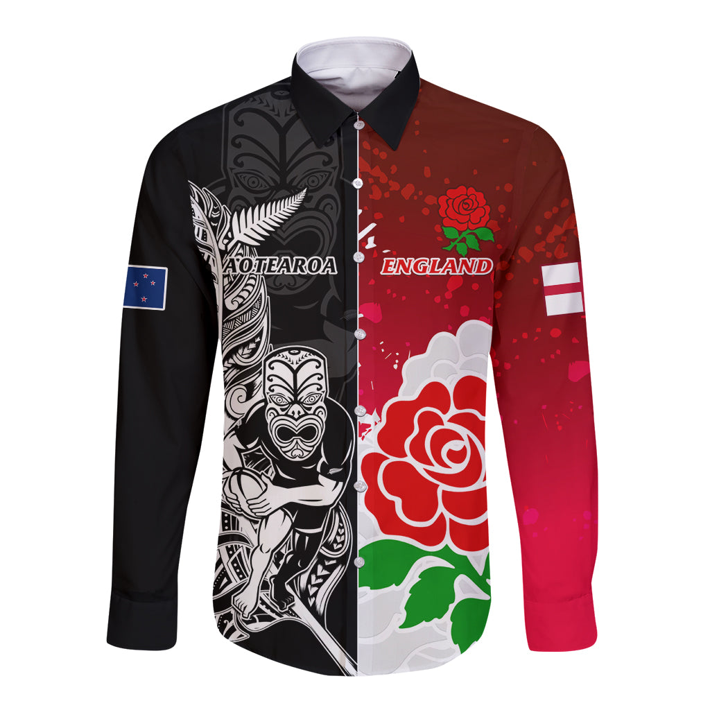 Black and red long-sleeve rugby button shirt with bold rose graphic