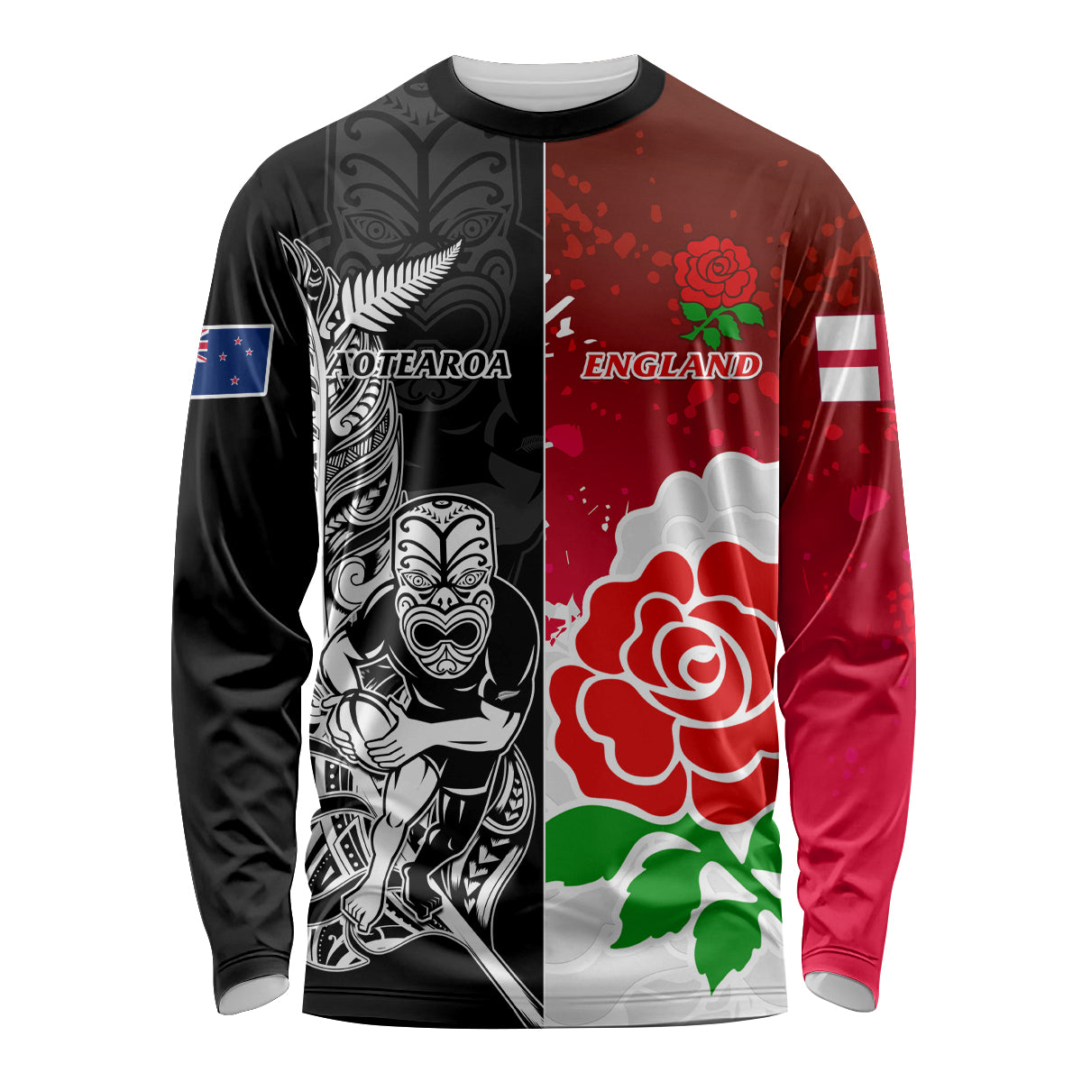 New Zealand And England Rugby Long Sleeve Shirt 2023 World Cup All Black Combine Red Roses - Wonder Print Shop