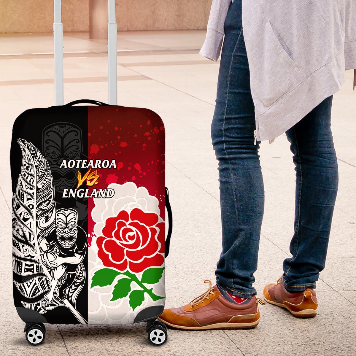 New Zealand And England Rugby Luggage Cover 2023 World Cup All Black Combine Red Roses - Wonder Print Shop