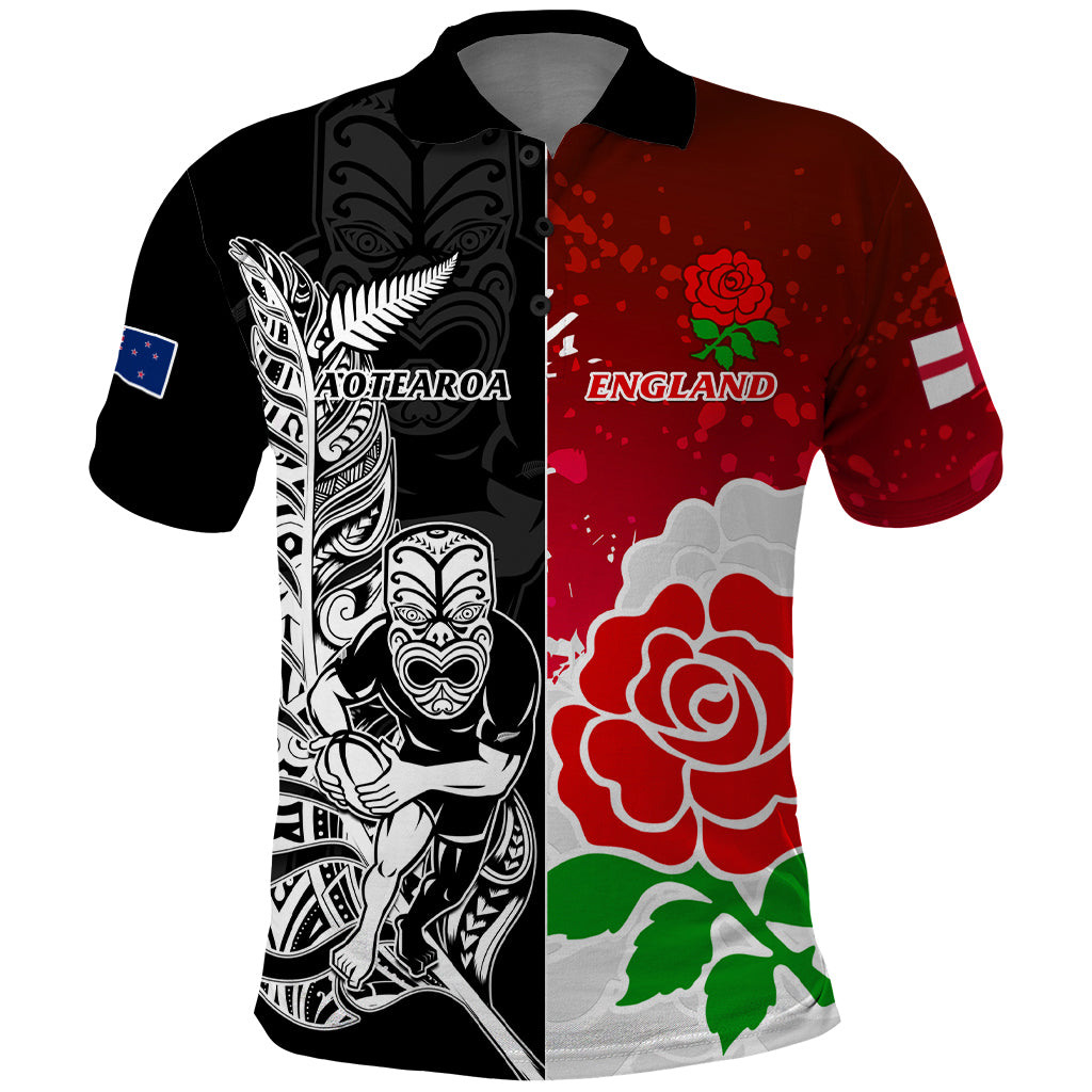 New Zealand And England Rugby Polo Shirt 2023 World Cup All Black Combine Red Roses - Wonder Print Shop