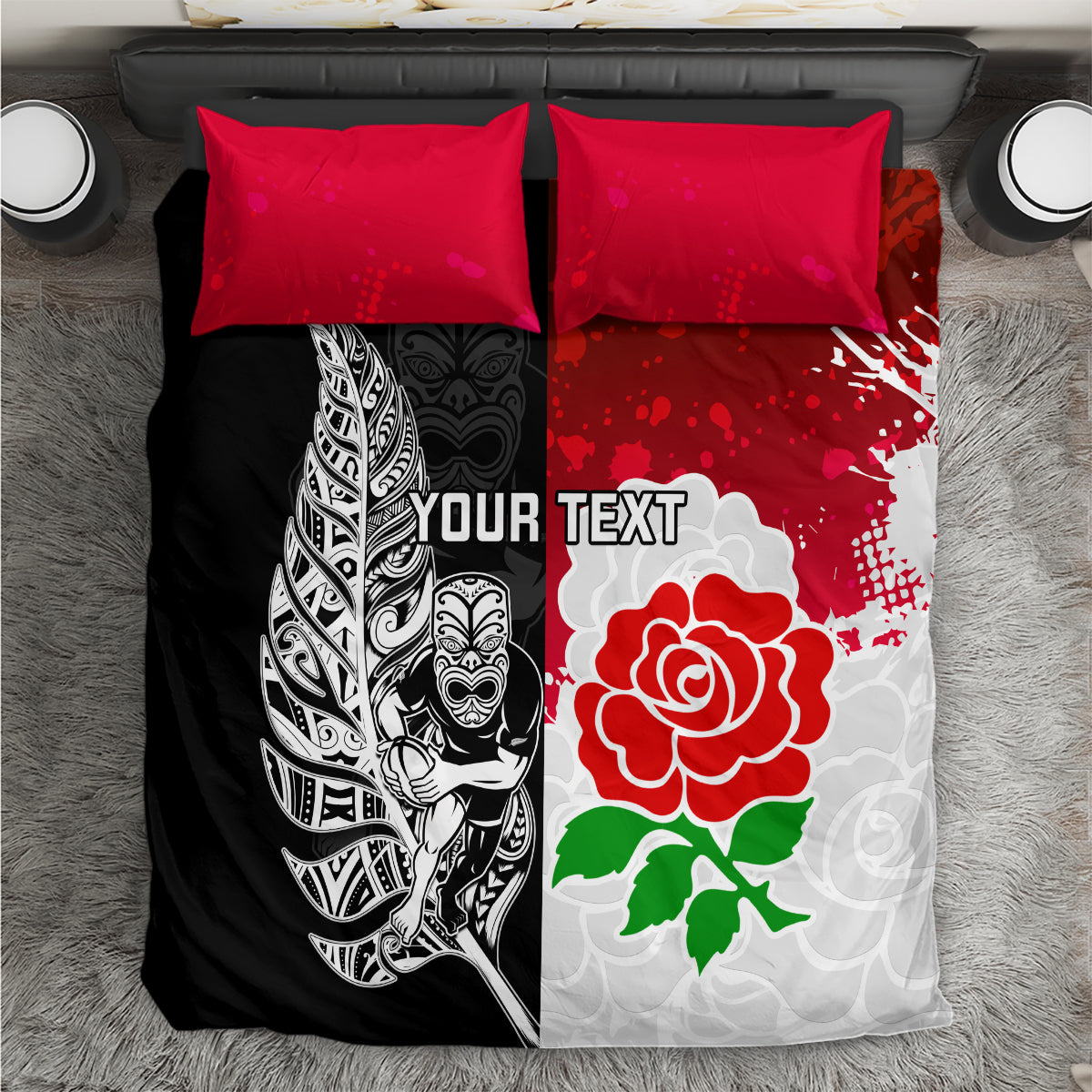 Custom New Zealand And England Rugby Bedding Set 2023 World Cup All Black Combine Red Roses - Wonder Print Shop