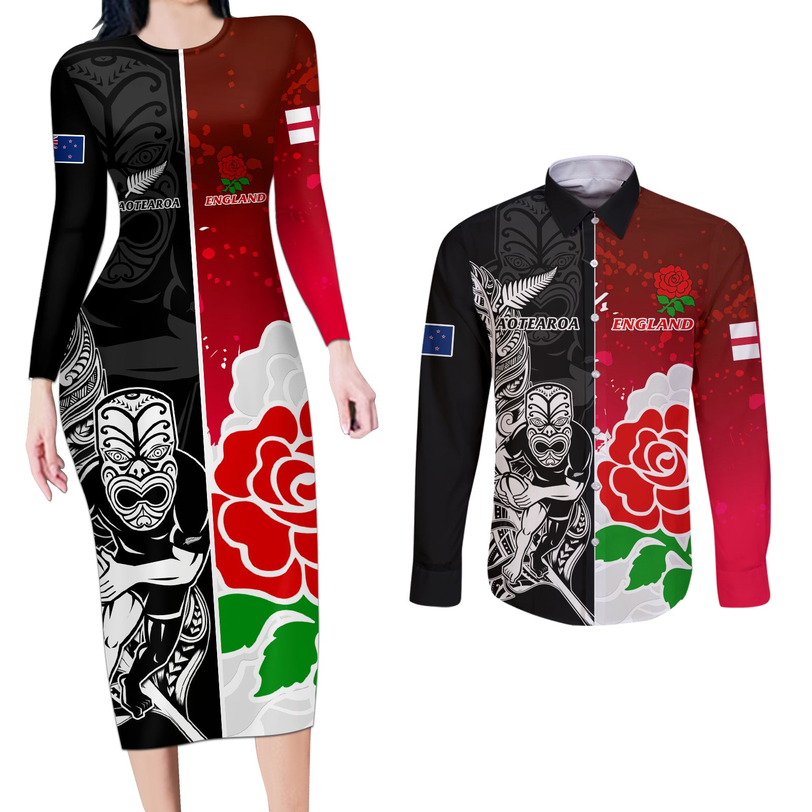 Custom New Zealand And England Rugby Couples Matching Long Sleeve Bodycon Dress and Long Sleeve Button Shirt 2023 World Cup All Black Combine Red Roses - Wonder Print Shop