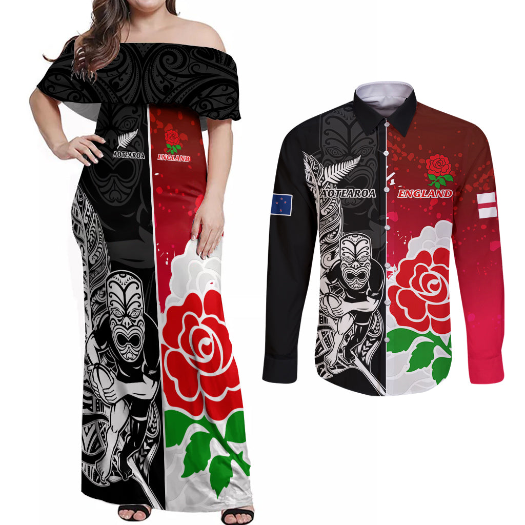 Custom New Zealand And England Rugby Couples Matching Off Shoulder Maxi Dress and Long Sleeve Button Shirt 2023 World Cup All Black Combine Red Roses - Wonder Print Shop