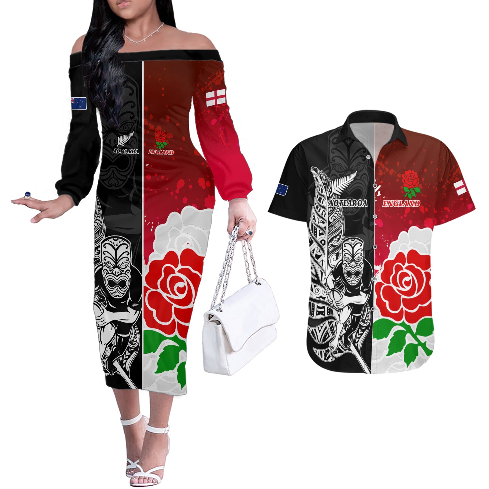 Custom New Zealand And England Rugby Couples Matching Off The Shoulder Long Sleeve Dress and Hawaiian Shirt 2023 World Cup All Black Combine Red Roses - Wonder Print Shop