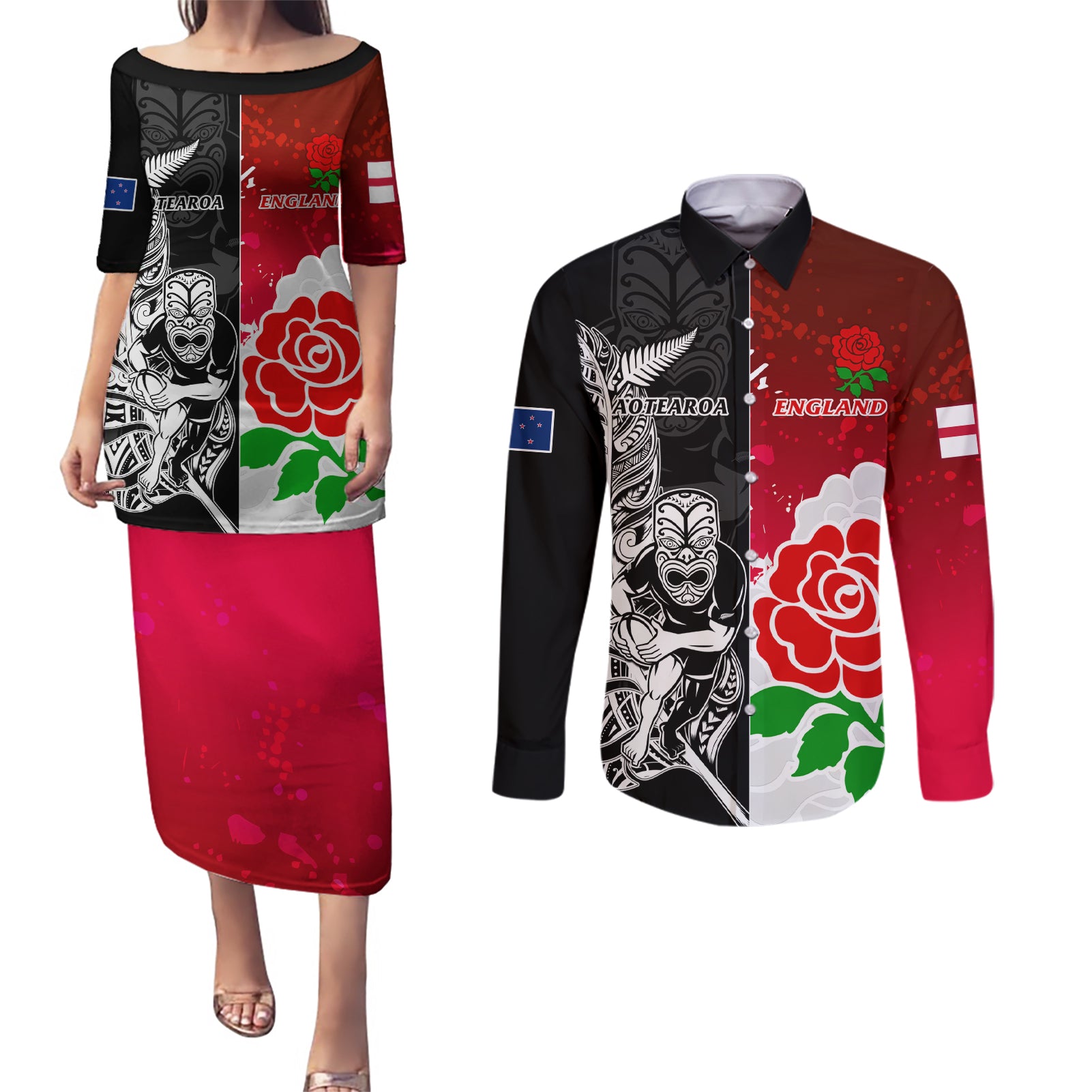 Custom New Zealand And England Rugby Couples Matching Puletasi Dress and Long Sleeve Button Shirt 2023 World Cup All Black Combine Red Roses - Wonder Print Shop