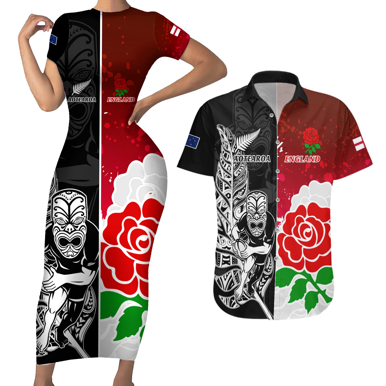 Custom New Zealand And England Rugby Couples Matching Short Sleeve Bodycon Dress and Hawaiian Shirt 2023 World Cup All Black Combine Red Roses - Wonder Print Shop