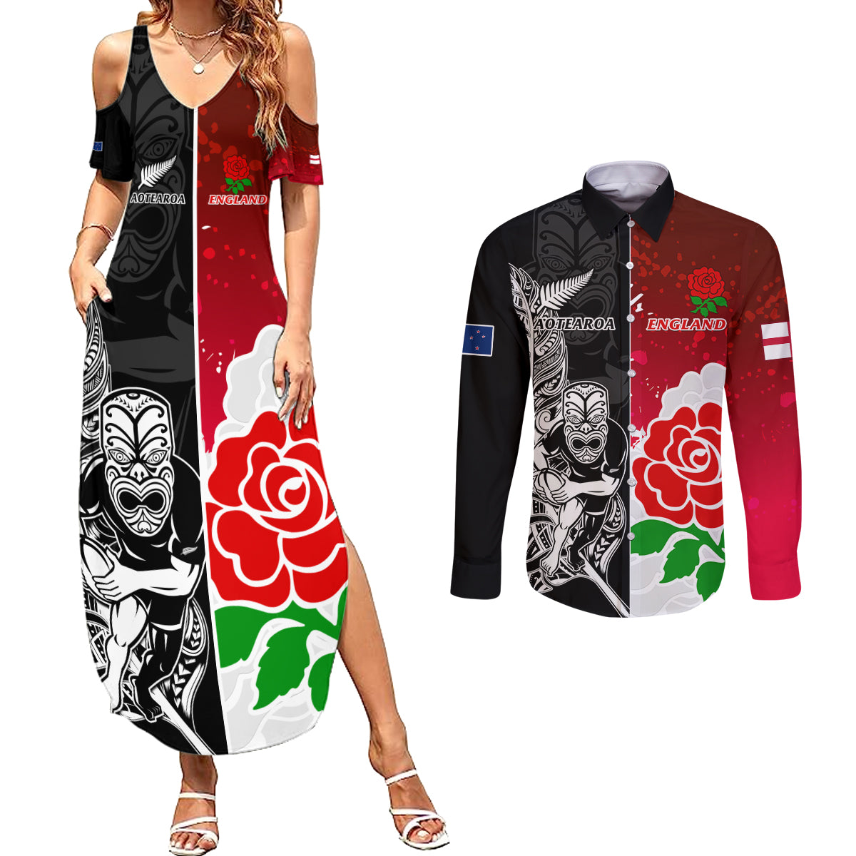 Custom New Zealand And England Rugby Couples Matching Summer Maxi Dress and Long Sleeve Button Shirt 2023 World Cup All Black Combine Red Roses - Wonder Print Shop